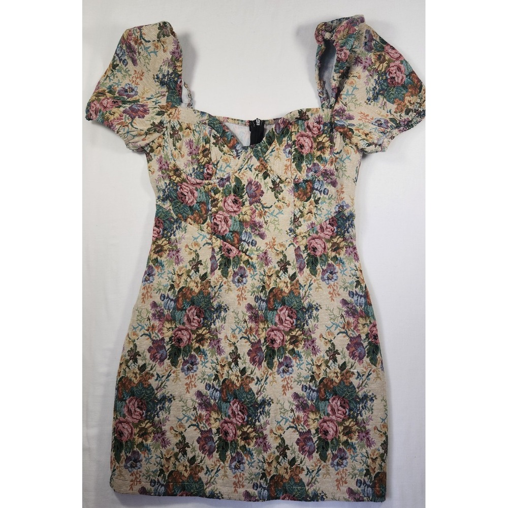Urbanic Floral Tapestry Mini Dress Puff Sleeve Sweetheart Neck Cottagecore Small